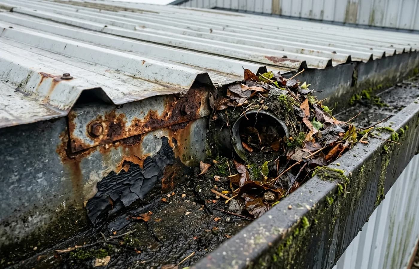A silted steel box gutter on a warehouse roof with debris building against a rainwater outlet, the kind of detail a report is built from